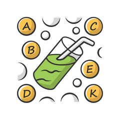 Vitamin cocktail color icon. A, B, C, D, E, K vitamins. Multivitamins drink. Vital minerals and antioxidants. Healthcare and medicine. Isolated vector illustration