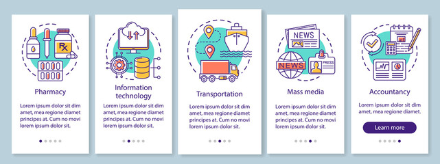 Service industries onboarding mobile app page screen with linear concepts. Media, information technology. Five walkthrough steps graphic instructions. UX, UI, GUI vector template with illustrations