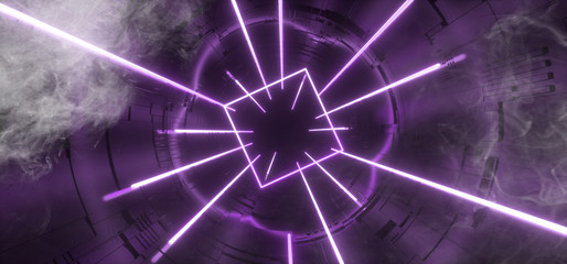 Fototapeta na wymiar Smoke Neon Glowing Luminous Sci Fi Futuristic Lights Vibrant Purple Lines Fluorescent Modern Virtual Reality Tunnel Corridor Dark Room Hall Alien Spaceship Reflections 3D Rendering