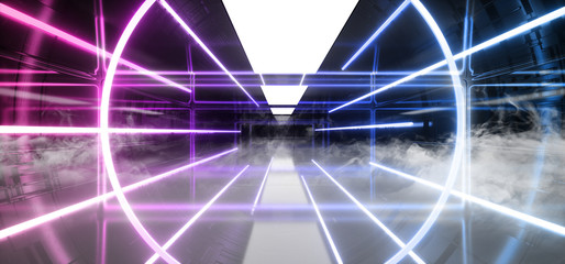 Smoke Neon Glowing Luminous Sci Fi Futuristic Lights Vibrant Purple Blue Lines Fluorescent Modern Virtual Reality Tunnel Corridor Dark Room Hall Alien Spaceship Reflections 3D Rendering