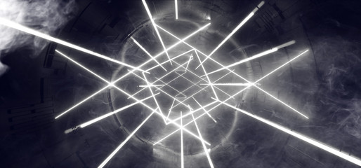 Smoke Neon Glowing Luminous Sci Fi Futuristic Lights White Lines Fluorescent Modern Virtual Reality Tunnel Corridor Dark Room Hall Alien Spaceship Reflections 3D Rendering