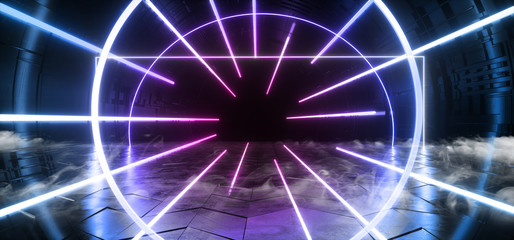 Smoke Neon Glowing Luminous Sci Fi Futuristic Lights Purple Blue Lines Fluorescent Modern Virtual Reality Tunnel Corridor Dark Room Hall Alien Spaceship Reflections 3D Rendering Illustration