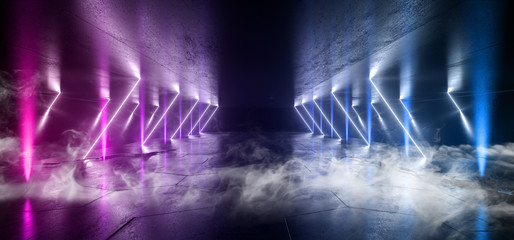 Smoke Sci Fi Lines Arc Spaceship Glowing Neon Purple Blue  Futuristic Virtual Grunge Concrete Cement Reflective Dark Night Tunnel Corridor Hallway Gate Ceiling Floor 3D Rendering