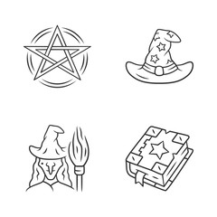 Magic linear icons set. Pentagram, wizard hat, witch, spell book. Witchcraft, occult ritual items. Mystery objects. Thin line contour symbols. Isolated vector outline illustrations. Editable stroke