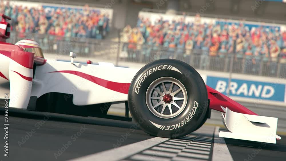 Poster side view of a generic formula one race car driving across the finish line in slow motion - close-up