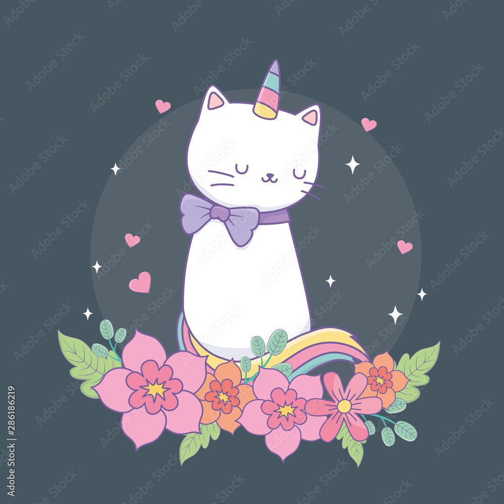 Poster cute caticorn with floral decoration