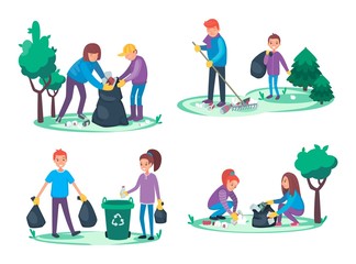 Boys and girls take away litter and garbage. Environmental cleanup concept. Group of People making a forest or park clean or tidy. Ecological vector illustration cartoon flat style.