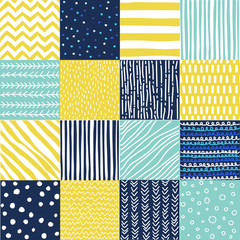 Seamless pattern in doodle style. Hand drawn blue and yellow color pattern set - 286186263