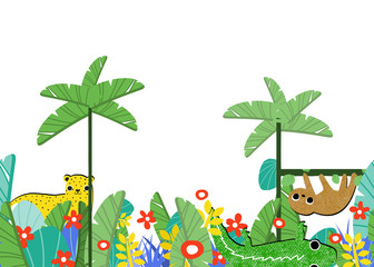 Nursery art with tropical animals and plants. Kids decoration. Vector hand drawn illustration.