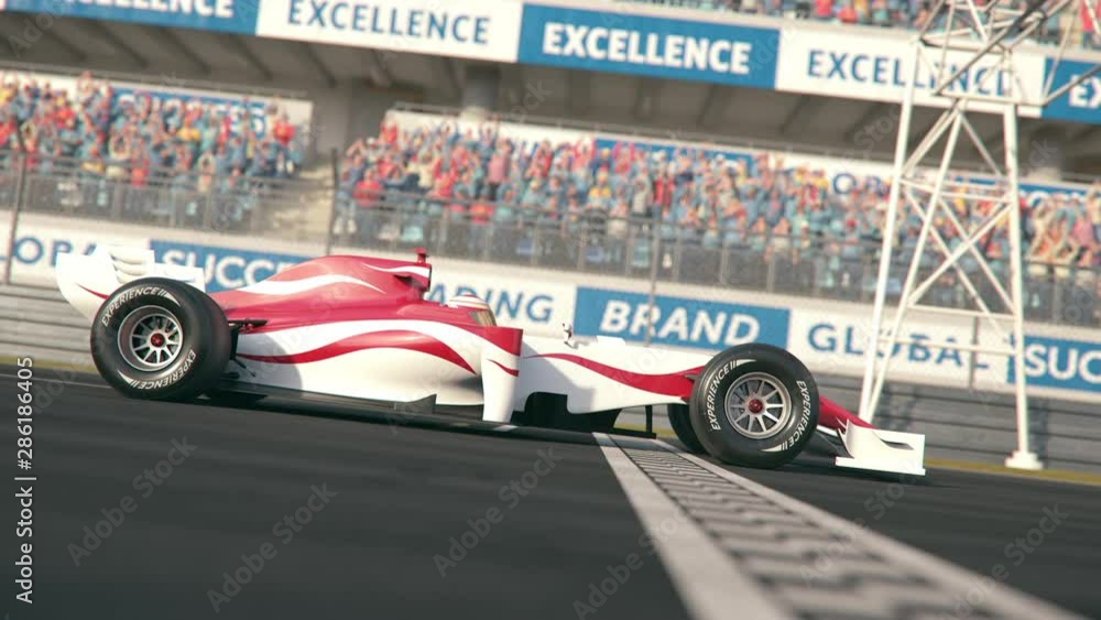 Aufkleber side view of a generic formula one race car driving across the finish line in slow motion - realisti