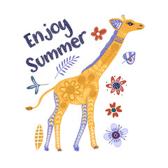 Cartoon giraffe vector flat illustration in scandinavian style. Enjoy summer.