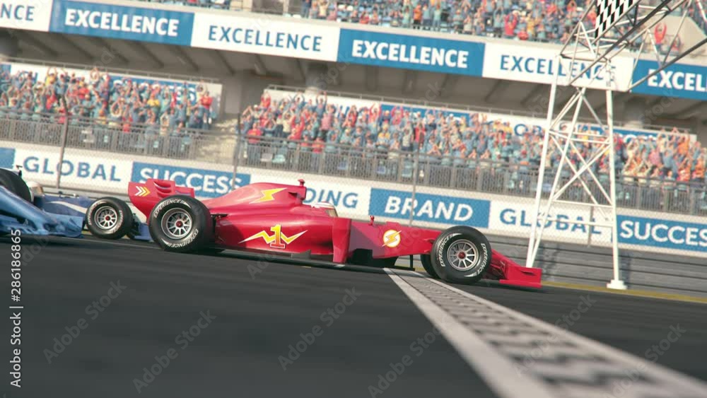 Poster side view of three generic formula one race cars driving across the finish line in slow motion - rea