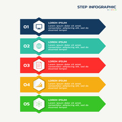 five steps infographic. process flowchart with color hexagons with icons and text
