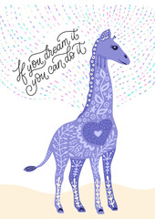 Cartoon giraffe vector flat illustration in scandinavian style. Dreaming, african animal card.
