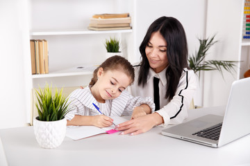 Home tutor concept. Doing homework together - obrazy, fototapety, plakaty