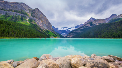 Beautiful Lake Louise with Rocky Foreground in Banff National Park, Canada