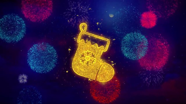 Christmas Stocking Pictogram Sock Icon Symbol on Colorful Fireworks Particles. Object, Shape, Design, Text, Element, 4K Loop Animation.