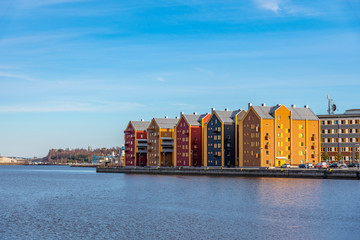 Residential buildings on shore of Bothnian bay at Sundsvall, Sweden