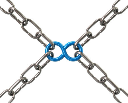 Blue infinity symbol in chains 3d illustration
