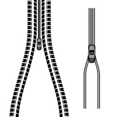 Two black tire track zipper with car silhouette isolated on white background