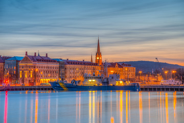 Sunset cityscape of Sundsvall and a cultural center translated as Kultural Magasinet in Sweden
