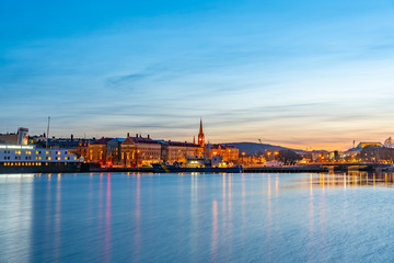 Sunset cityscape of Sundsvall and a cultural center translated as Kultural Magasinet in Sweden