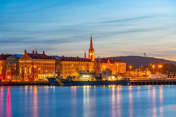 Sunset cityscape of Sundsvall and a cultural center translated as Kultural Magasinet in Sweden