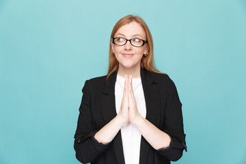 Glad woman in asking pose isolated