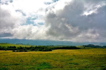 a field with grass and a cloudy sky