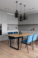 Stylish modern interior with gray kitchen zone