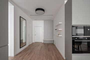 Stylish modern interior with gray kitchen zone