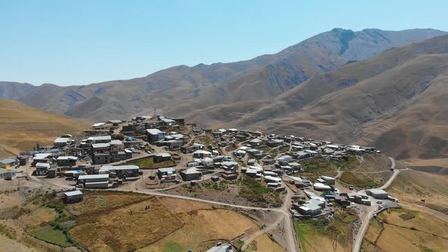 Khinalug, Quba, Azerbaijan. Aerial flight view of Xinaliq the ancient Caucasian village in the caucasian mountain between Russia and Azerbaijan
