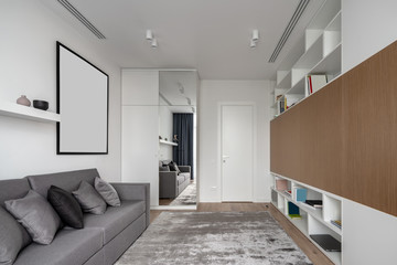 Stylish modern interior with white walls and parquet with carpet