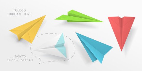 Vector set of colored paper airplanes in different angles. Collection of elements in paper style. Folded origami toys isolated from background. Easy to change color.