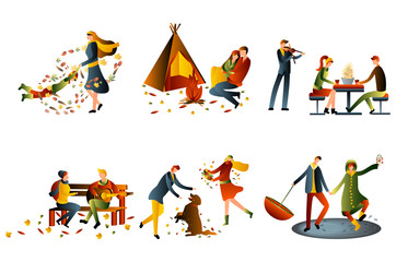 People in the autumn park having fun, walking the dog, riding bicycle, jumping on puddle, playing with autumn leaves, man with umbrella and bulldog. Set casual men and women in forest in fall vector
