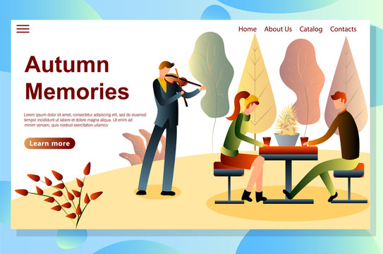 Time together concept. Autumn landing page vector. guy with a girl have a romantic dinner in an autumn restaurant.