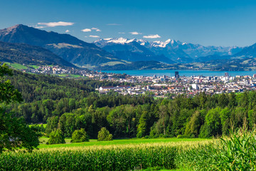 Zug town with Swiss Alps and Zugersee lake, Switzerland