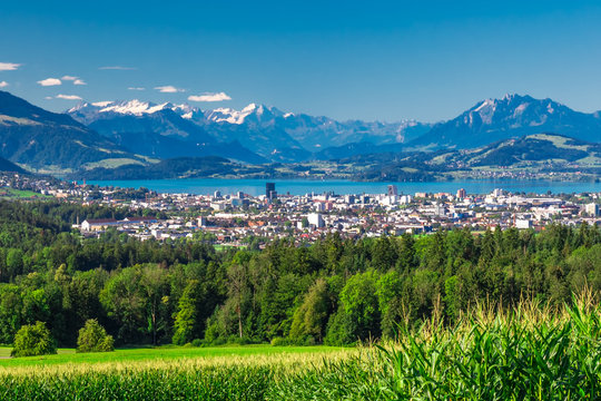 Zug town with Swiss Alps and Zugersee lake, Switzerland