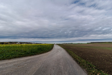 Autumnal nature with meadows and forests beautiful panorama calm day.