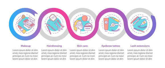 Beauty salon services vector infographic template. Business presentation design elements. Data visualization with five steps and options. Process timeline chart. Workflow layout with linear icons