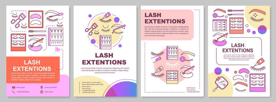 Lash extension brochure template layout. False eyelashes. Flyer, booklet, leaflet print design with linear illustrations. Vector page layouts for magazines, annual reports, advertising posters