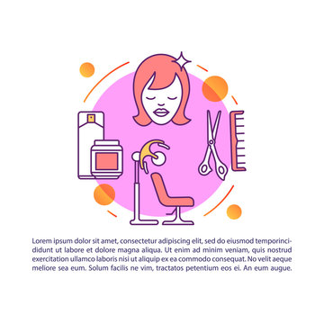 Hairdresser services article page vector template. Haircut, hairdo. Brochure, magazine, booklet design element with linear icons and text boxes. Print design. Concept illustrations with text space