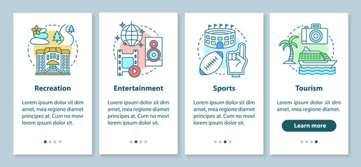 Recreation industries onboarding mobile app page screen with linear concepts. Sports, tourism, entertainment walkthrough steps graphic instructions. UX, UI, GUI vector template with illustrations