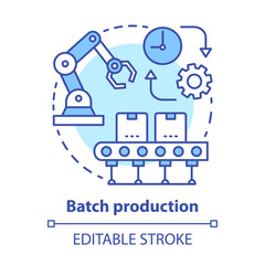 Batch production concept icon. Manufacturing method idea thin line illustration. Mass production process. Serial manufacture. Machinery equipment. Vector isolated outline drawing. Editable stroke