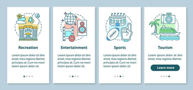 Recreation industries onboarding mobile app page screen with linear concepts. Sports, tourism, entertainment walkthrough steps graphic instructions. UX, UI, GUI vector template with illustrations