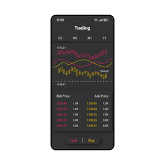 Trading reports smartphone interface vector template. Mobile app page black design layout. Ask and bid price comparison screen. Flat UI for application. FInancial statistics phone display