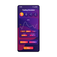 BTC trading simulator smartphone interface vector template. Mobile app page violet design layout. Bitcoin rating screen. Flat UI for application. Cryptocurrency investment and leverage phone display