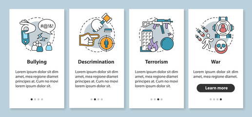 Social violence onboarding mobile app page screen with linear concepts. Bullying, discrimination, terrorism, war walkthrough steps, instructions. Social issues. UX, UI, GUI vector template with icons