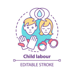 Child labour concept icon. Children exploitation & labor idea thin line illustration. Illegal child work and employment. Kids abuse, maltreatment problem. Vector isolated drawing. Editable stroke