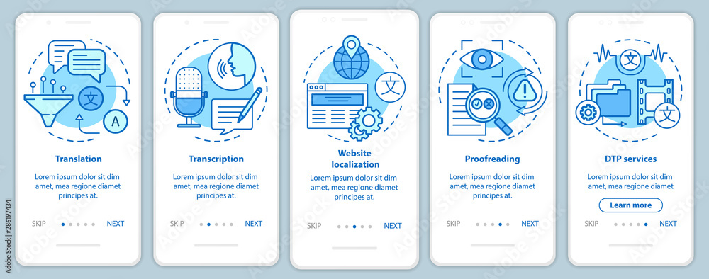Poster text services blue onboarding mobile app page screen with linear concepts. translation, transcriptio